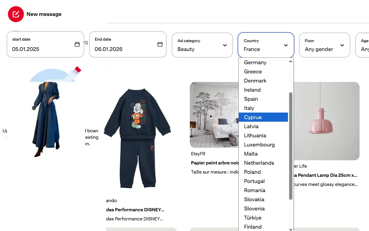 Advertising libraries: Filtering creatives by location in Pinterest Ads