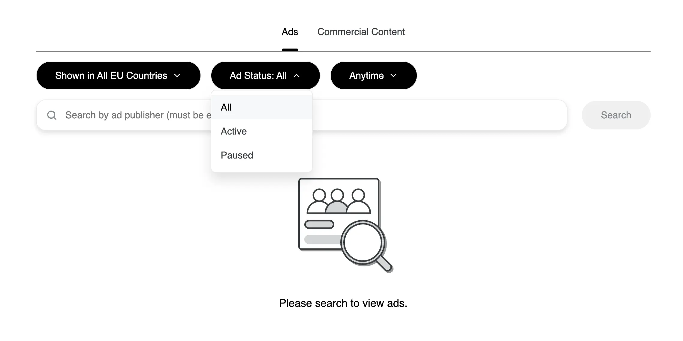 Библиотека рекламы Shap Ads Gallery: выбор статуса РК