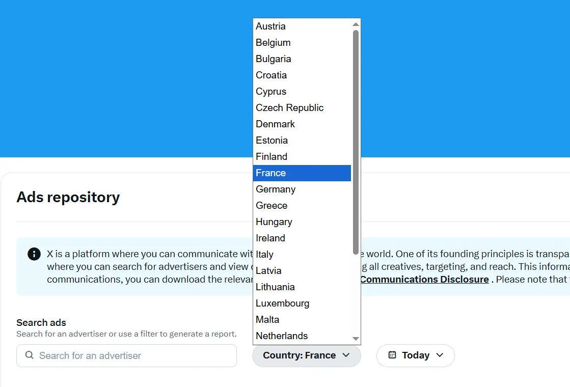 Advertising library X Ads: Selecting a country to display your ad