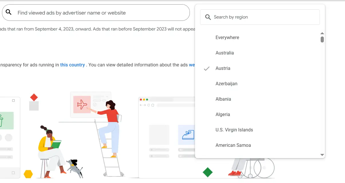 Advertising library YouTube Ads:
Selecting a Region