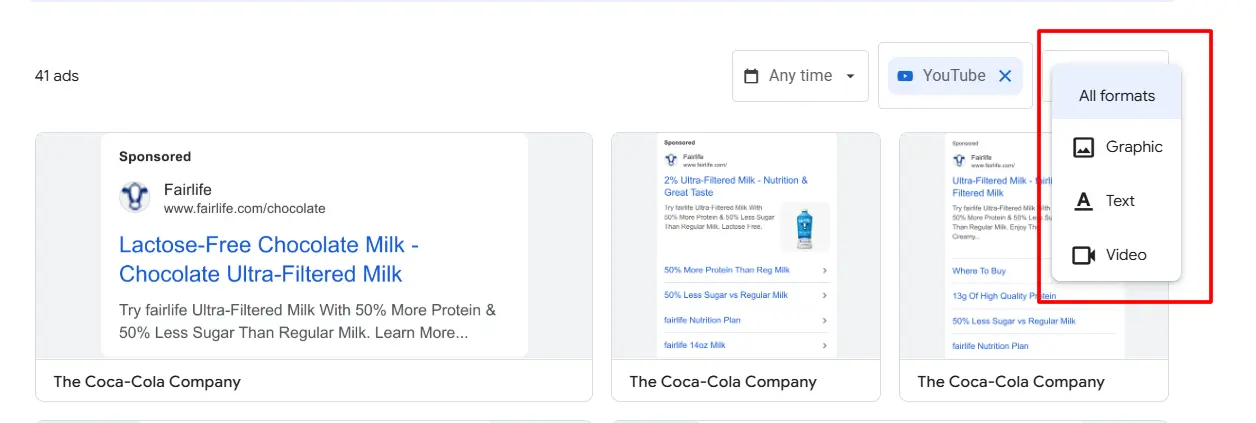 Advertising library YouTube Ads: An example of filtering ads by format