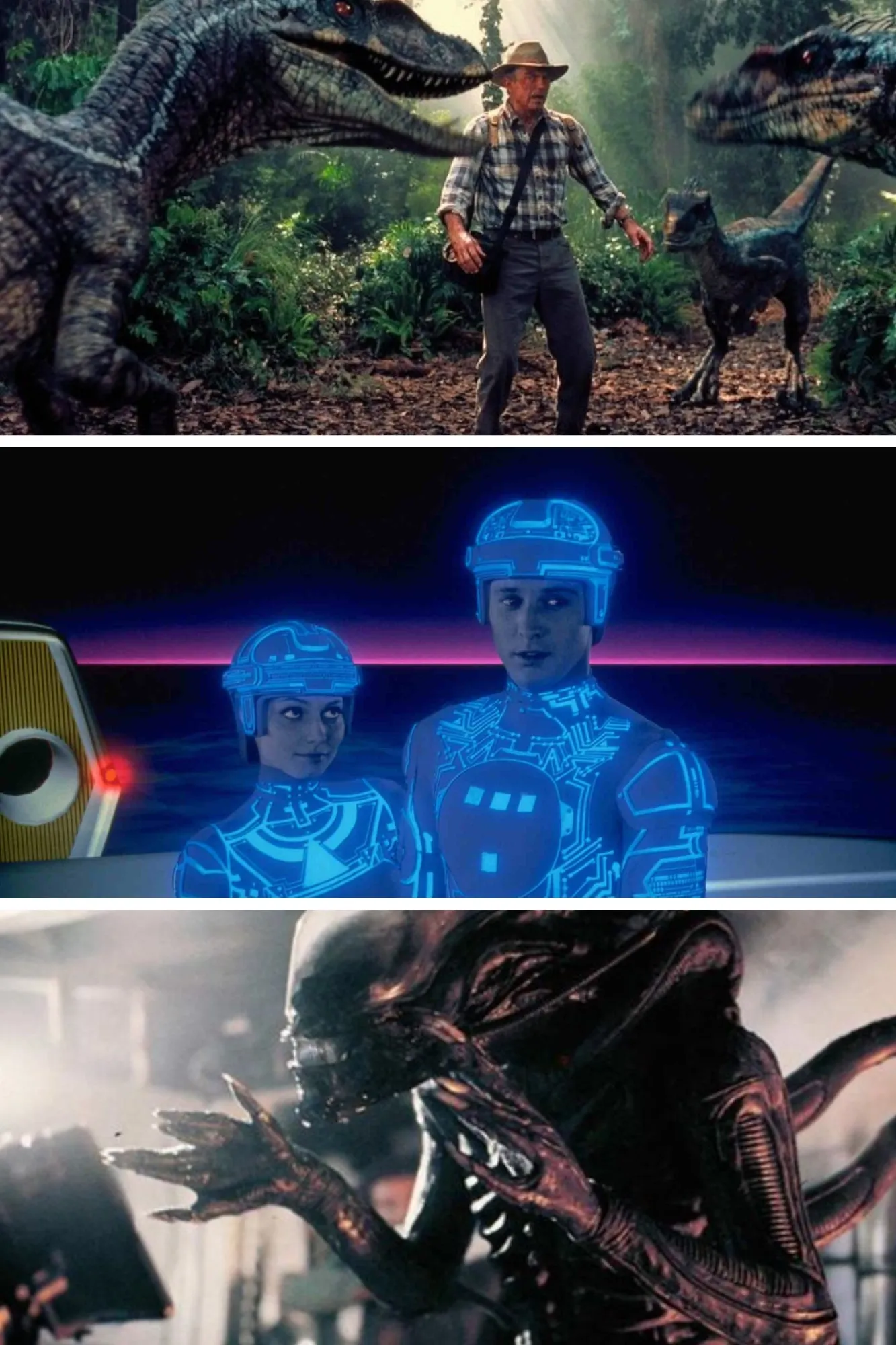 Images from the movies “Jurassic Park,” “Tron” and “Aliens”